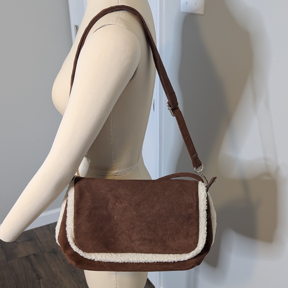 Expressions NYC Chic Brown Shoulder Bag Fuzzy Cream Trim Shoulder Purse